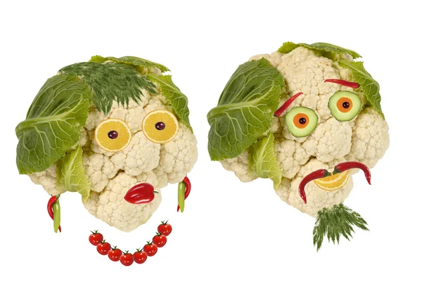 Creative food. Portrait two old man made ??of vegetables and fru — Stock Photo, Image