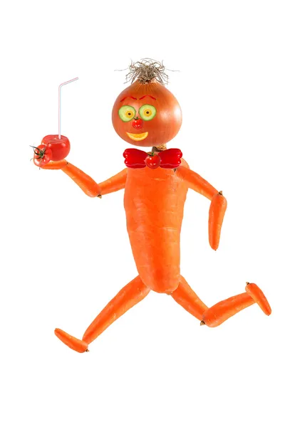 Healthy eating.  Running funny little man made from fruits and v — Stock Photo, Image