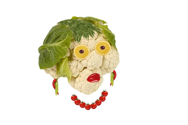 Kreatywne jedzenie. Portret kobiety wykonane? owoce i vegetabl — Zdjęcie stockowe