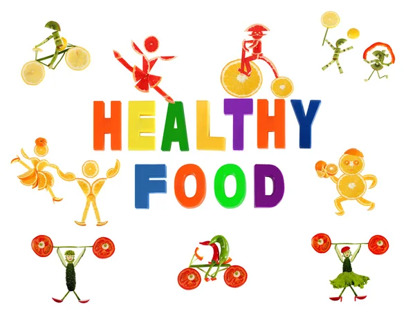 Zdrowe odżywianie. mało śmieszne ludzie wykonane z warzyw i owoców — Zdjęcie stockowe