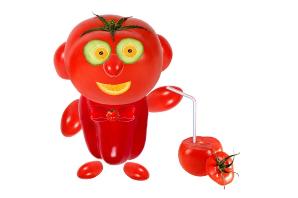 そのおもしろい小男が作られたか？トマトとトマト ジュースを保持 — ストック写真