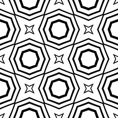 Dekoratif geometrik elementlerle soyut, kusursuz desen. Siyah beyaz süs. Modern stil dokusu tekerrür ediyor. Duvar halısı, yatak örtüsü, kumaş, seramik fayans, yastık için harika.