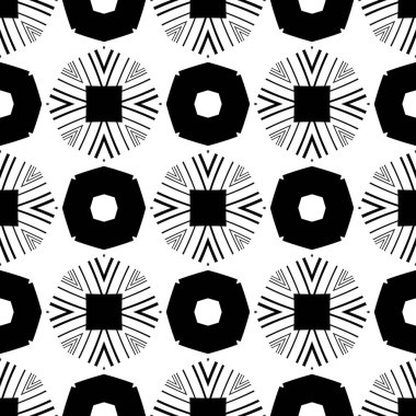 Dekoratif geometrik elementlerle soyut, kusursuz desen. Siyah beyaz süs. Modern stil dokusu tekerrür ediyor. Duvar halısı, yatak örtüsü, kumaş, seramik fayans, yastık için harika.