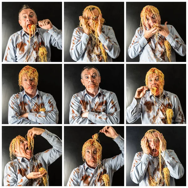 Collage Mad Man Eating Spaghetti Tomato Sauce — Stock Photo, Image