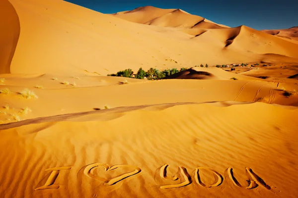 Mots "Je t'aime" écrits dans les dunes de sable Photo De Stock