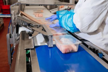 Modern gıda fabrikasında ambalaj ve et kesme ile otomatikleştirilmiş üretim hattı. Et işleme ekipmanları. Gıda ürünleri et fileto üretim hattı plastik ambalaj taşıyıcı üzerinde.