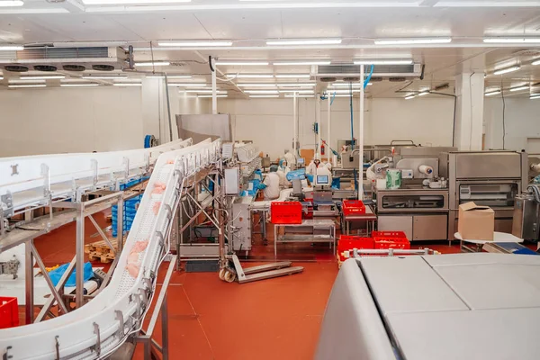 Linea di produzione di filetti di pollo. Fabbrica per la produzione di alimenti da carne. Moderno impianto di lavorazione del pollame. Cinghia di trasporto alimentare. La fabbrica di carne. — Foto Stock