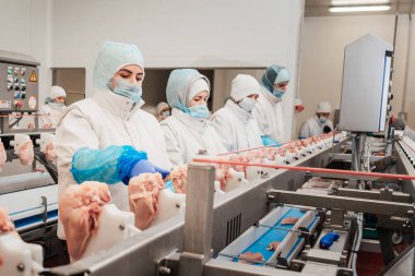 Modern kümes hayvanları işleme tesisi. Yarı bitmiş et ürünleri üretimi için sıra. Et ürünleri üretimi için fabrika. Modern gıda fabrikasında konveyör kemeri..
