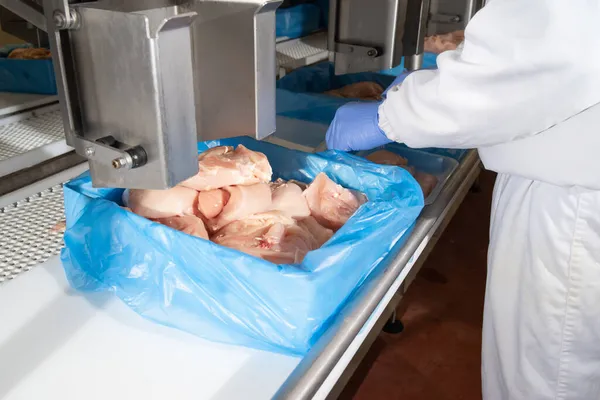 Planta de processamento de carne.Equipamento industrial em uma fábrica de carne.Planta de processamento de aves modernas.Pessoas que trabalham em uma fábrica de frango - estoque photo.Automated linha de produção na fábrica de alimentos moderna. — Fotografia de Stock