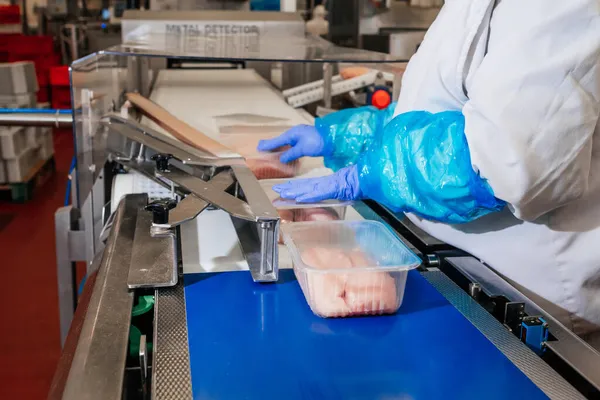 Línea de producción de filetes de pollo. Fábrica para la producción de alimentos a partir de carne. Moderna planta de procesamiento de aves de corral.. —  Fotos de Stock