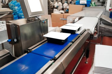 Tavuk fileto üretim hattı. Et üretim fabrikası. Modern kümes hayvanları işleme tesisi. Taşıma bandı. Et fabrikası..