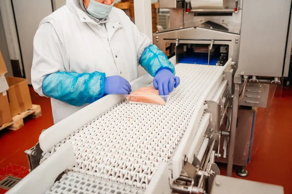 Línea para la producción de productos cárnicos semiacabados.Procesamiento de carne en la industria alimentaria.Embalaje de lonchas de carne en cajas en una cinta transportadora.planta moderna de procesamiento de aves de corral. —  Fotos de Stock