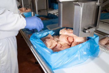 Yarı bitmiş et ürünlerinin üretimi için sıra. Gıda endüstrisinde et işleme. Bir taşıma bandındaki kutulara et dilimleri paketleme. Modern kümes hayvanları işleme tesisi.