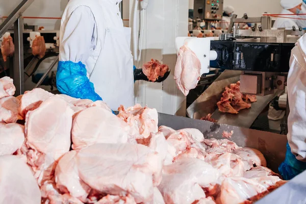 Linea per la produzione di carne con confezionamento e taglio. Attrezzature industriali in una fabbrica di carne. Impianto di lavorazione della carne. Linea di produzione di carne. — Foto Stock