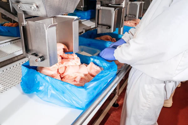 半完成肉製品の生産のためのライン食品業界での食肉加工コンベアベルト上のボックスに肉スライスの梱包。. — ストック写真