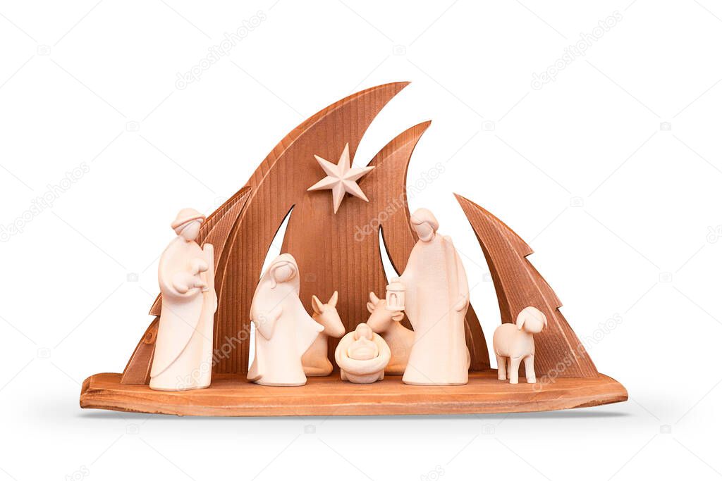 Nativity. Scene from ceramic or wooden figurines of the Nativity. Christmas composition.