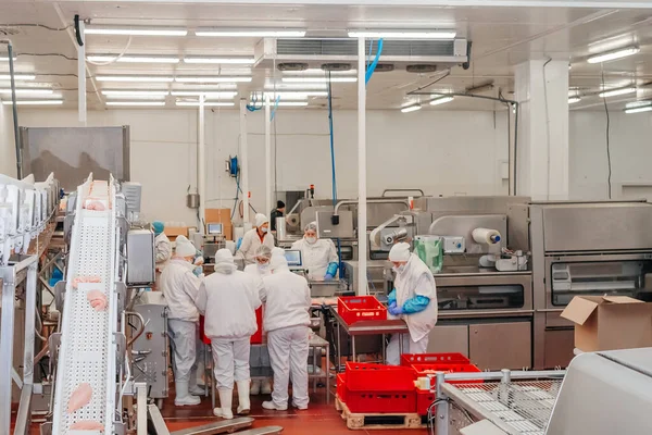 Automatisierte Produktionslinie mit Verpackung und Schneiden von Fleisch in modernen Lebensmittelfabriken. Fleischverarbeitungsanlagen. Lebensmittelprodukte Fleisch Hühnerfilet Produktionslinie in Kunststoffverpackung auf dem Band. — Stockfoto