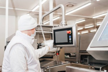 Modern kümes hayvanları işleme tesisi. Yarı bitmiş et ürünleri üretimi için sıra. Et ürünleri üretimi için fabrika. Modern gıda fabrikasında konveyör kemeri..