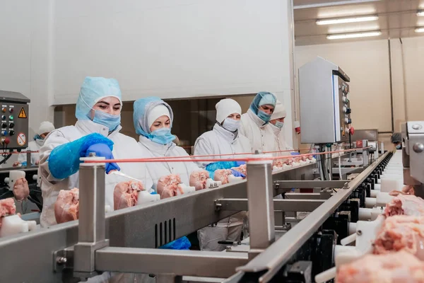 Moderno impianto di lavorazione del pollame. Fabbrica per la produzione di alimenti da carne. Cinghia di trasporto alimentare. Linea di produzione automatizzata nella moderna fabbrica alimentare. — Foto Stock
