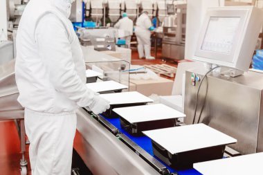 Bir tavuk fabrikasında çalışan bir grup işçi. Modern gıda fabrikasında üretilmiş üretim hattı. Gıda endüstrisinde et işleme. Tavuk fileto üretim hattı..