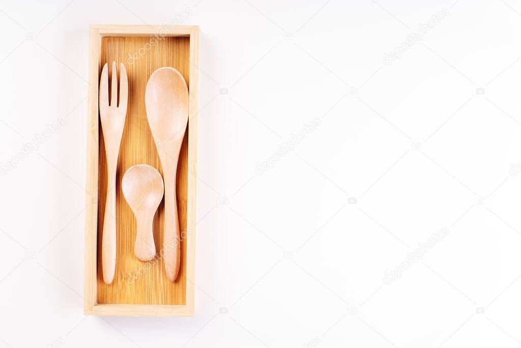 Set of eco friendly bamboo eating ,wooden cutlery.Zero waste traveling set.Wooden cutlery for reusable use.Environmental protection concept.made of natural materials.Plastic free.Sustainable lifestyle