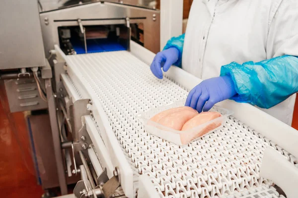 Yarı bitmiş et ürünlerinin üretimi için sıra. Gıda endüstrisinde et işleme. Bir taşıma bandındaki kutulara et dilimleri paketleme. Modern kümes hayvanları işleme tesisi.