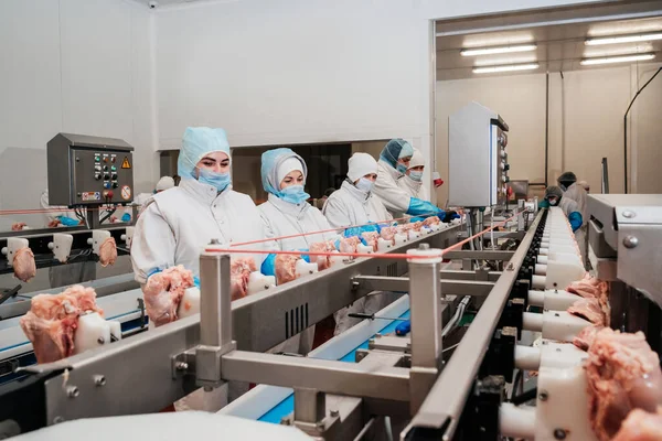 Línea de producción de filetes de pollo. Fábrica para la producción de alimentos a partir de carne. Moderna planta de procesamiento de aves de corral.. — Foto de Stock