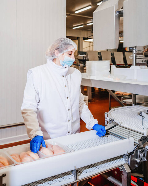 Meat processing plant.Industrial equipment at a meat factory.Modern poultry processing plant.People working at a chicken factory - stock photo.Automated production line in modern food factory.