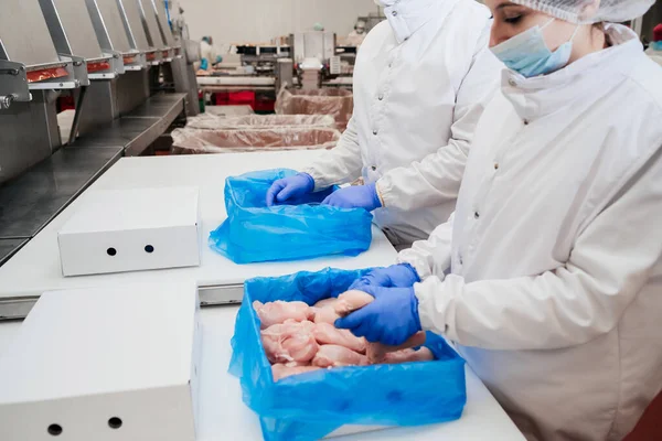 Linea per la produzione di prodotti a base di carne semilavorati. Fabbrica per la produzione di alimenti a base di carne. Cinghia di trasporto alimentare. Linea di produzione automatizzata in una moderna fabbrica alimentare. — Foto Stock