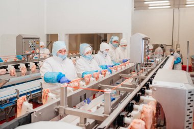 Et fabrikasında et işleme tesisi. Bir et fabrikasında endüstriyel ekipman. Modern kümes hayvanları işleme tesisi. Bir tavuk fabrikasında çalışan insanlar..