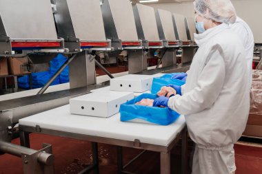 Yarı bitmiş et ürünlerinin üretimi için sıra. Gıda endüstrisinde et işleme. Bir taşıma bandındaki kutulara et dilimleri paketleme. Modern kümes hayvanları işleme tesisi.