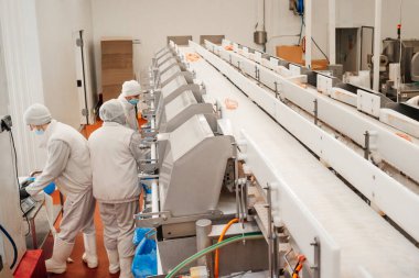 Et fabrikasında et işleme tesisi. Bir et fabrikasında endüstriyel ekipman. Modern kümes hayvanları işleme tesisi. Bir tavuk fabrikasında çalışan insanlar..