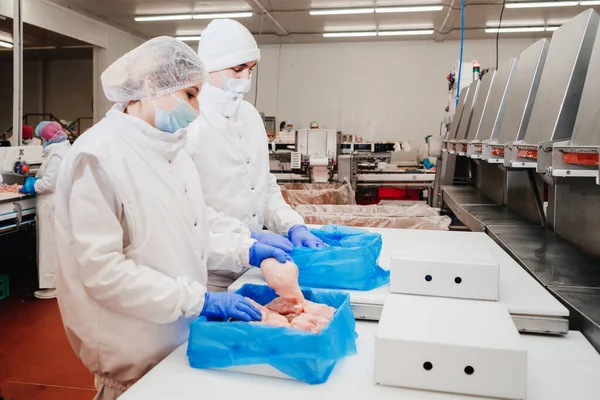 食肉加工工場。食肉加工工場の産業機器。現代の鶏肉加工工場で働く人々 -ストックフォト現代の食品工場での自動生産ライン. — ストック写真