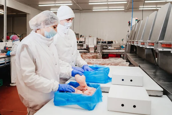 Planta de procesamiento de carne.Equipo industrial en una fábrica de carne.Planta moderna de procesamiento de aves.Personas que trabajan en una fábrica de pollo: foto.Línea de producción automatizada en una fábrica de alimentos moderna. — Foto de Stock