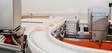 Modern bir bitki. Fabrika etten yiyecek üretiyor. Ambalaj ve et kesimi ile üretim hattı. Konveyör kemer gıdası. Modern gıda fabrikasında üretim hattı..