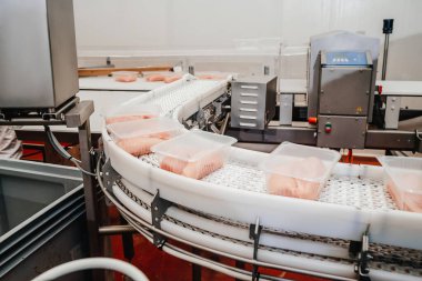 Modern gıda fabrikasında otomatikleştirilmiş üretim hattı. Modern bir fabrika. Etten üretim gıdası. Paketleme ve et kesme ile üretim hattı. Taşıma bandı gıdası.