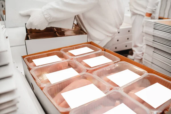 People Working Chicken Fillet Production Line Production Process Packaging Conveyor —  Fotos de Stock