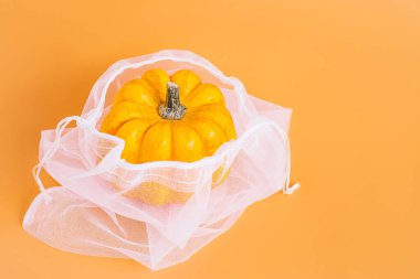 Sonbahar Cadılar Bayramı Balkabakları. Turuncu arka planda örgü kumaş içinde farklı türde balkabakları. Kopya alanı. Kabak kompozisyonu. Mutlu Şükran Günleri..