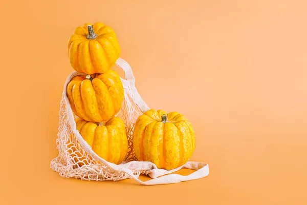 Happy Thanksgiving.Vegetable fall food concept.Autumn Halloween Pumpkins.Different varieties of Pumpkins in mesh bag of fabric on orange background.Autumn concept.Copy space.Composition of pumpkins.