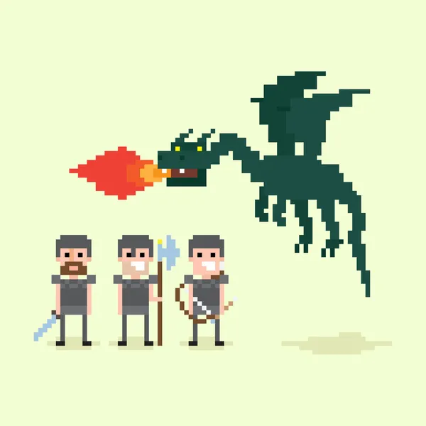 Dragon pixel et guerriers — Image vectorielle