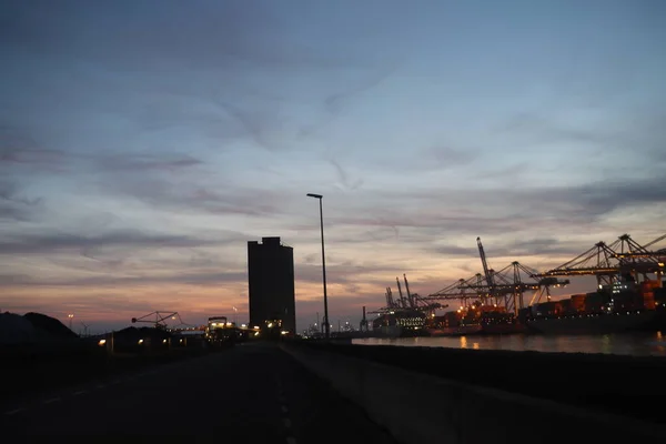 Jeřáby Kontejnerovém Terminálu Maasvlakte Při Západu Slunce Přístavu Rotterdam — Stock fotografie