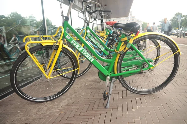 Bicicletas Verdes Amarelas Compartilhadas Haagse Stadsfietsen Para Turistas Haia Países — Fotografia de Stock