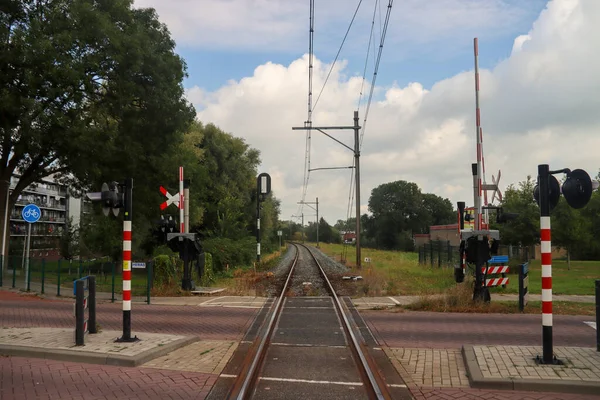 Één Spoor Geëlektrificeerd Tussen Waddinxveen Boskoop Nederland — Stockfoto