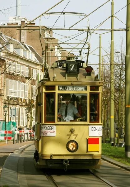 Yellow Historical Streetcar Lange Vijverberg Hague Driving Museum Netherlands — Stock Photo, Image