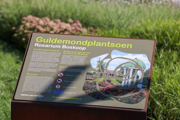 Sign with information about the Guldemondplantsoen rosarium in Boskoop the Netherlands