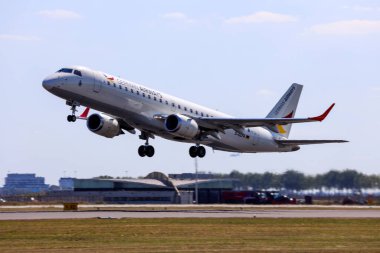 D-AZFA Embraer ERJ-190  German Airways departing from Amsterdam Schiphol Airport at Polderbaan in the Netherlands