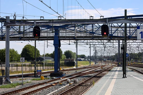 Red Light Sign Tracks Railroad Station Zwolle Netherlands — 图库照片