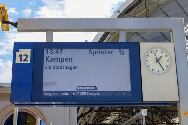 Departure Sign Blauwnet Train Kampen Platform Zwolle Station Netherlands — Zdjęcie stockowe