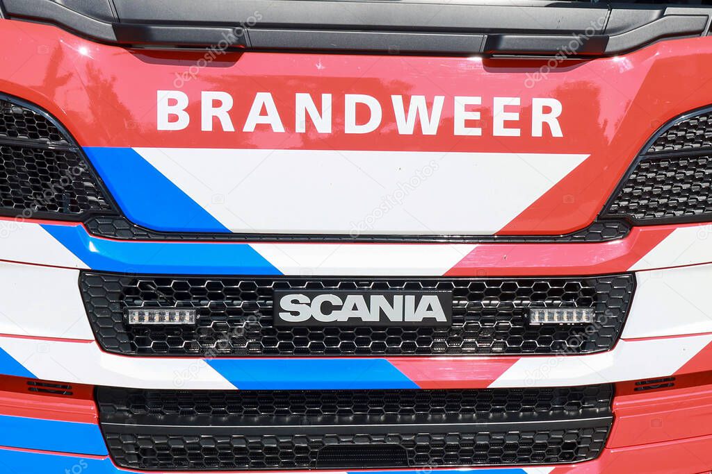 Front of water tank vehicle of fire brigade Hollands Midden during 112 day in Nieuwerkerk