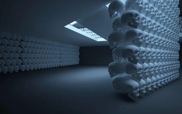 Intérieur abstrait avec escaliers et murs en crânes humains — Photo